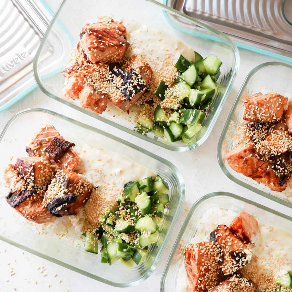 Meal prep Japanese salmon with wasabi yogurt dressing