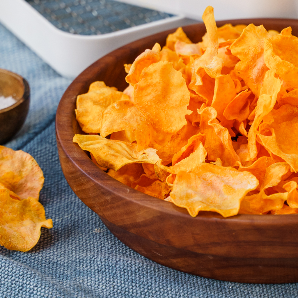 Healthy sweet potato chips made in a dehydrator
